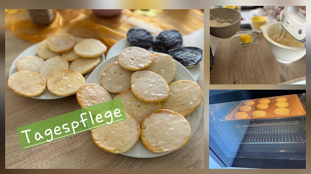 Mehrere Teller mit frisch gebackenen runden Keksen, daneben eine Küchenmaschine mit Rührschüssel und ein Backofen mit Keksen auf dem Backblech