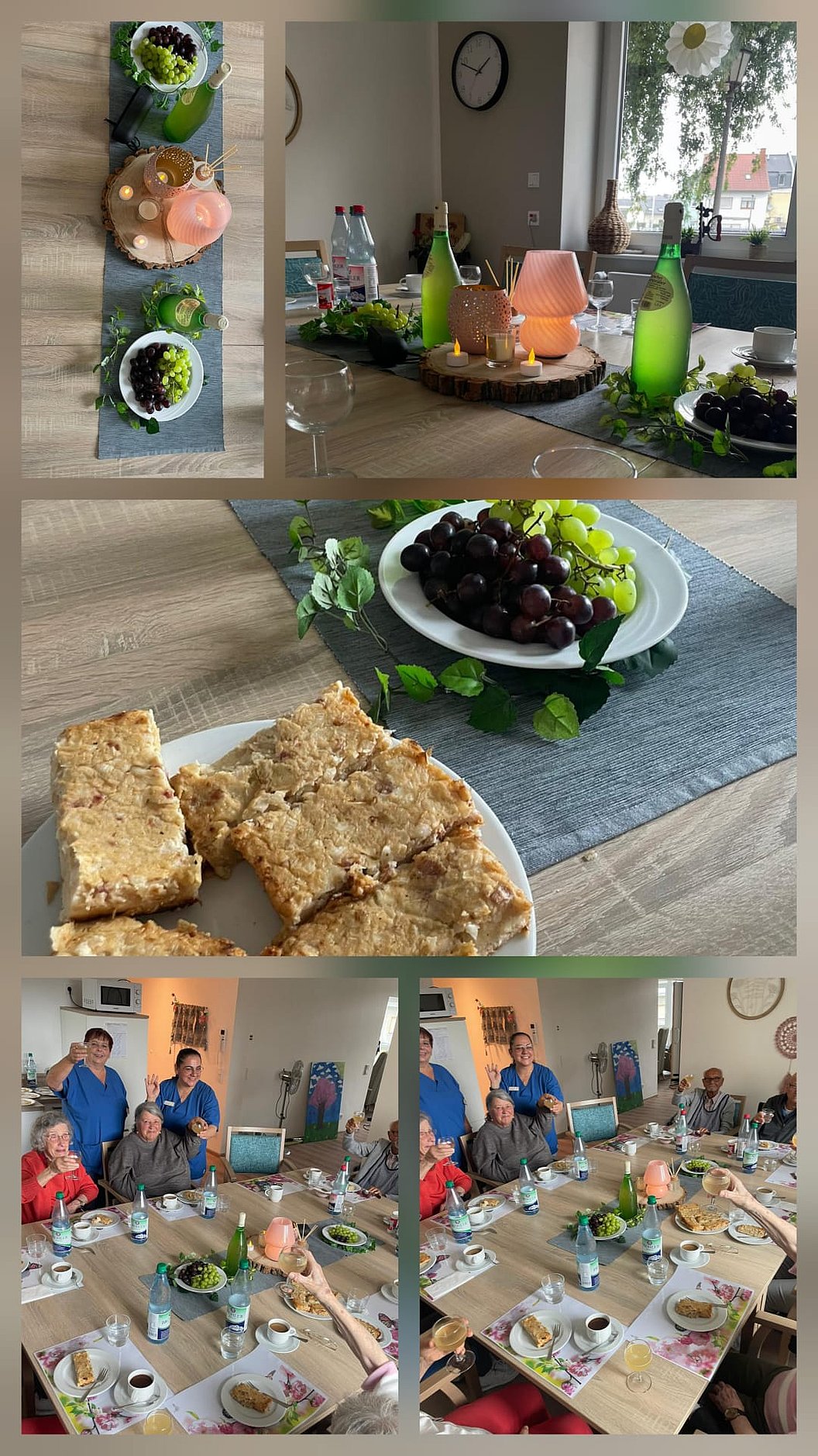 Collage aus vier Fotos zeigt gedeckten Esstisch mit grünem Geschirr, Obst und Gebäck sowie eine Gruppe von Menschen beim gemeinsamen Essen in einem hellen Raum mit Fenster und Spiegel