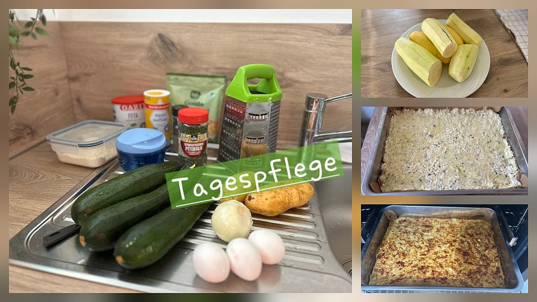 Küchenarbeitsplatte mit Zucchini, Eiern, Gewürzen und Reibe, daneben drei Bilder mit geschälten Kartoffeln, einem mit Mehl bestreuten Backblech und einem gebackenen Auflauf.