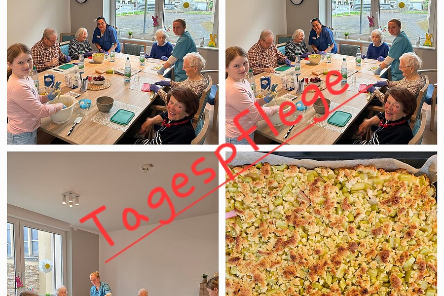 Mehrere ältere Menschen sitzen an einem Tisch in einem hellen Raum, auf dem Tisch stehen Backutensilien und Zutaten, daneben ein gebackener Kuchen auf einem Blech