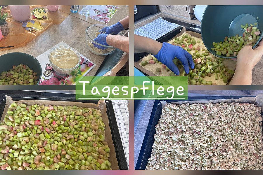 Vier Fotos zeigen die Zubereitung eines Gerichts mit geschnittenem Gemüse auf einem Backblech, darunter das Verteilen eines Teigs und das Bedecken mit einer Streuselschicht, mit dem Schriftzug 'Tagespflege'