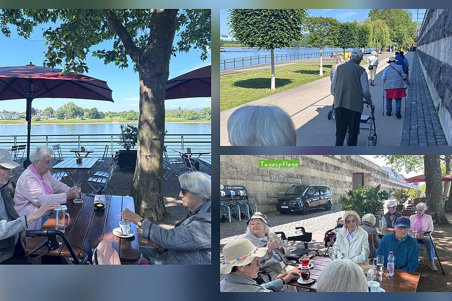 Senioren genießen Zeit am Wasser, bei Kaffee und Gesprächen, unter Sonnenschirmen im Freien.