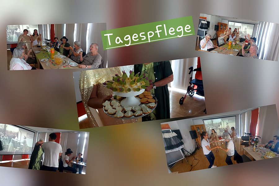 Aktivitäten in der Tagespflege mit Teilnehmern, Festtisch und Unterhaltung in freundlicher Atmosphäre.