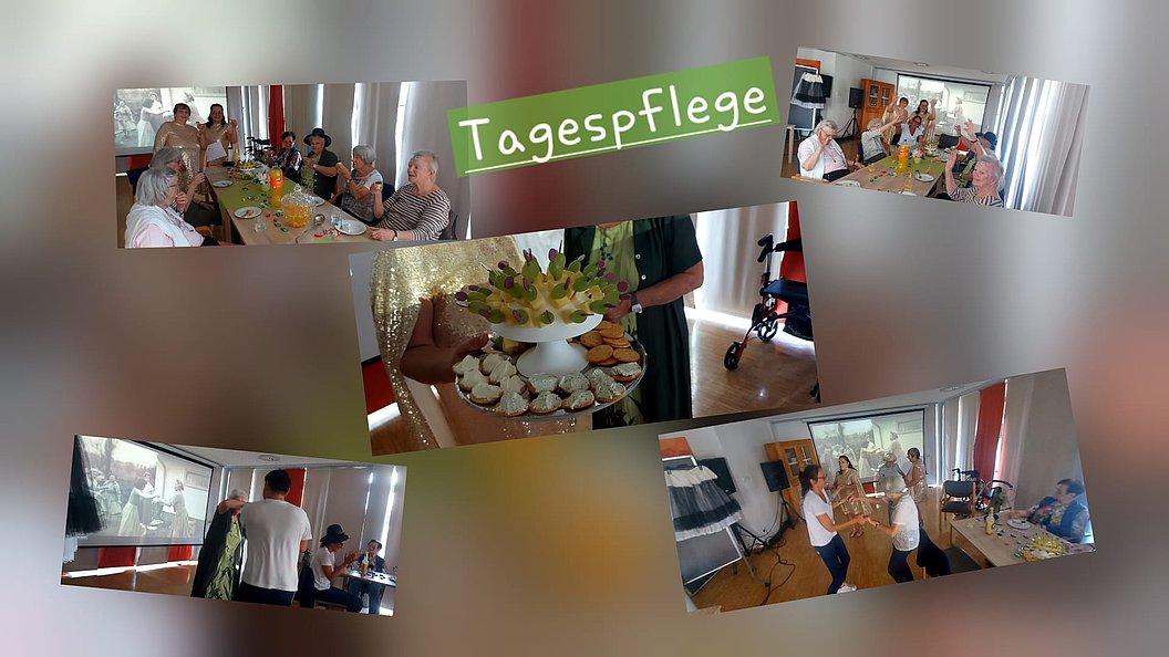 Aktivitäten in der Tagespflege mit Teilnehmern, Festtisch und Unterhaltung in freundlicher Atmosphäre.