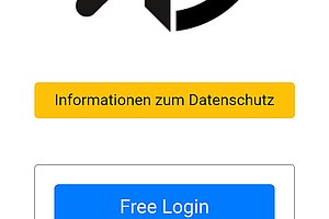 Screenshot einer Hotspot-Anmeldeseite mit einem schwarzen Pfeil in einem Kreis, einem roten Punkt, einem gelben Button mit der Aufschrift 'Informationen zum Datenschutz', einem blauen Button mit 'Free Login' und dem Logo 'saveSpot' mit einem WLAN-Symbol und einem Schloss.
