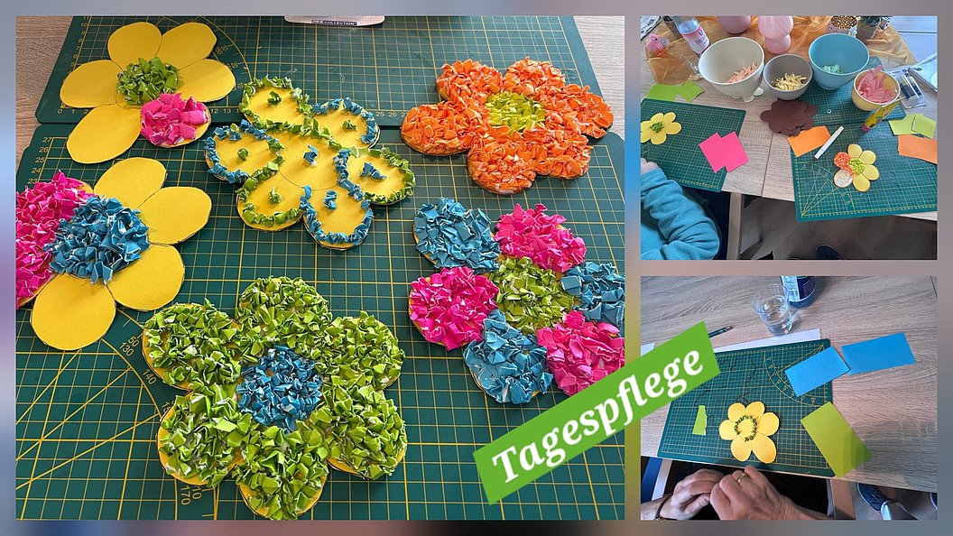 Mehrere bunte Papierblumen auf einem Schneidebrett und zwei kleinere Bilder zeigen Bastelmaterialien und Hände beim Ausschneiden von Papierblumen