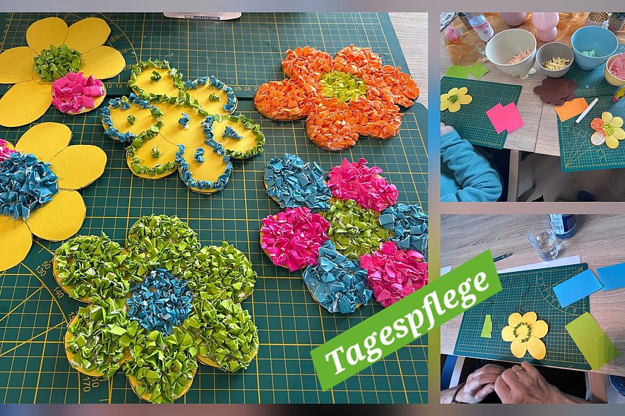 Mehrere bunte Papierblumen auf einem Schneidebrett und zwei kleinere Bilder zeigen Bastelmaterialien und Hände beim Ausschneiden von Papierblumen