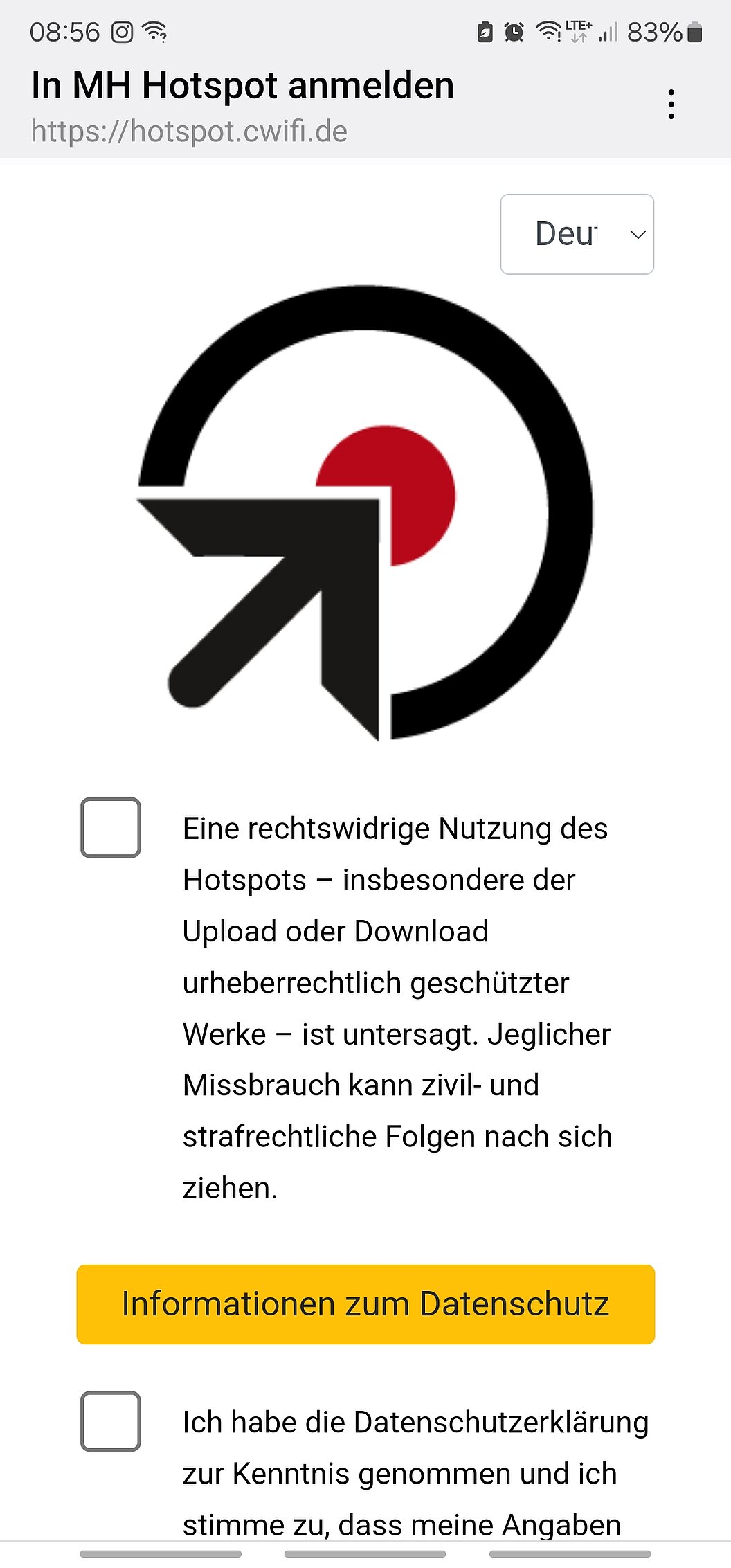 Screenshot einer Webseite zur Anmeldung in einem WLAN-Hotspot mit einem großen Pfeilsymbol in einem Kreis und Text zu rechtswidriger Nutzung und Datenschutzinformationen.