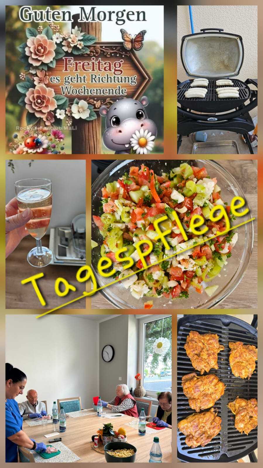 Collage aus fünf Fotos mit einem Guten-Morgen-Gruß, einem Sandwich-Maker, einem Glas mit Getränk und Tabletten, einem Salat mit dem Schriftzug 'Tagespflege' und einer Gruppe gebackener Snacks auf einem Backblech.