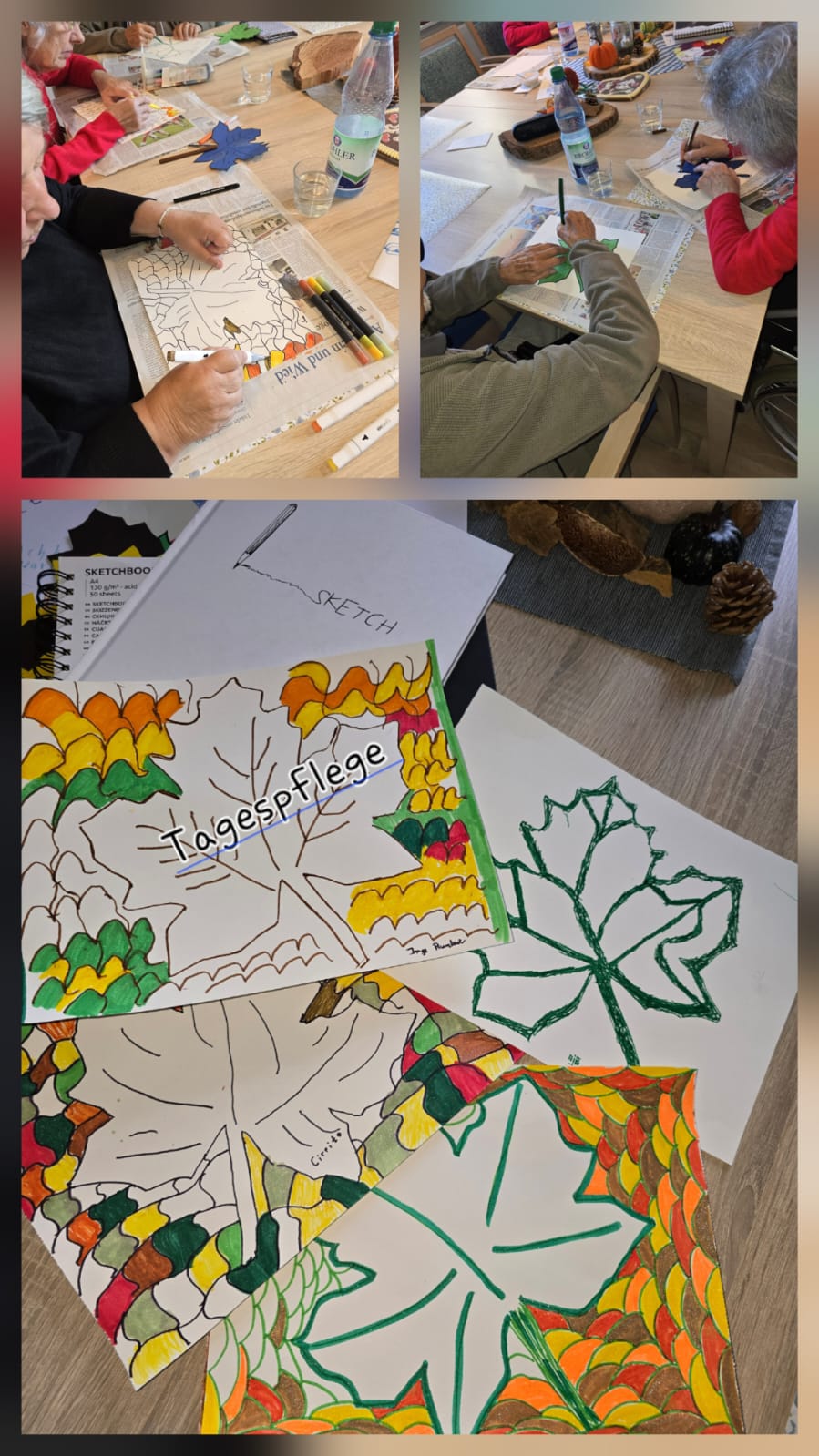 Kreatives Malen mit bunten Blättern und Zeichnungen in einer Gruppe, zeigt kunstvolle Ergebnisse.