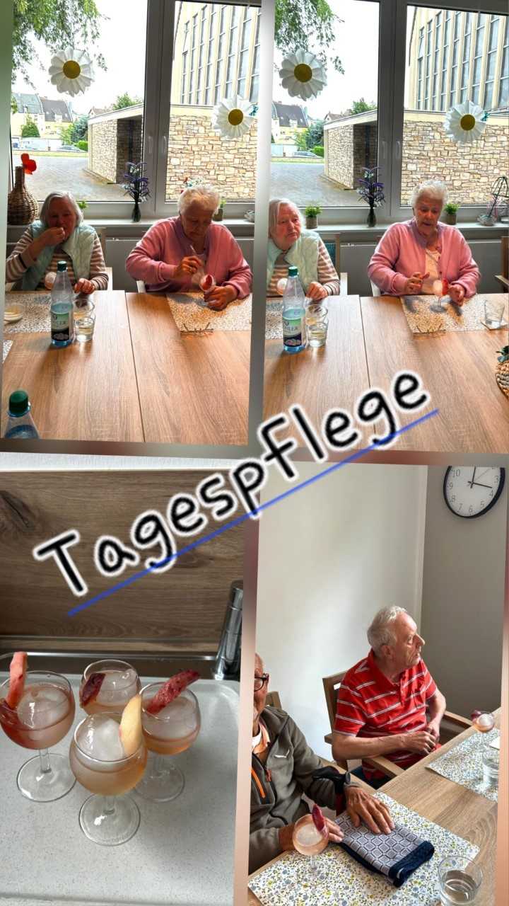 Collage aus vier Fotos mit älteren Menschen an einem Holztisch, darunter ein Schriftzug 'Tagespflege'